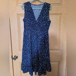 SHEIN Curve Navy Blue Polka Dot V-Neck Dress W/Flowy Ruffle Hem